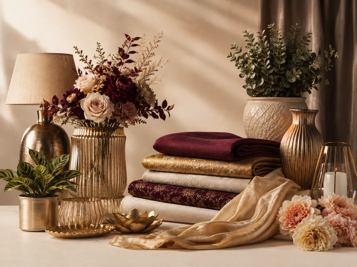 Wide selection of textiles, flowers, vases, lighting and décor accessories